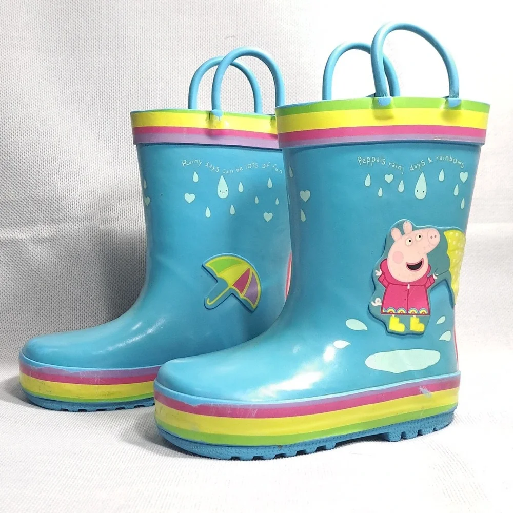 Peppa Pig Kids Rain Boots Size 5-6 Pull On Galoshes Blue Rainbow Umbrella